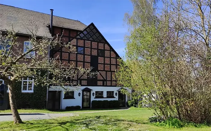Das Haus von Pier Vier, davor eine Wiese mit zwei Bäumen